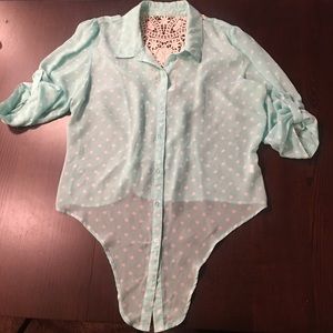 semi sheer lace back polka dot blouse